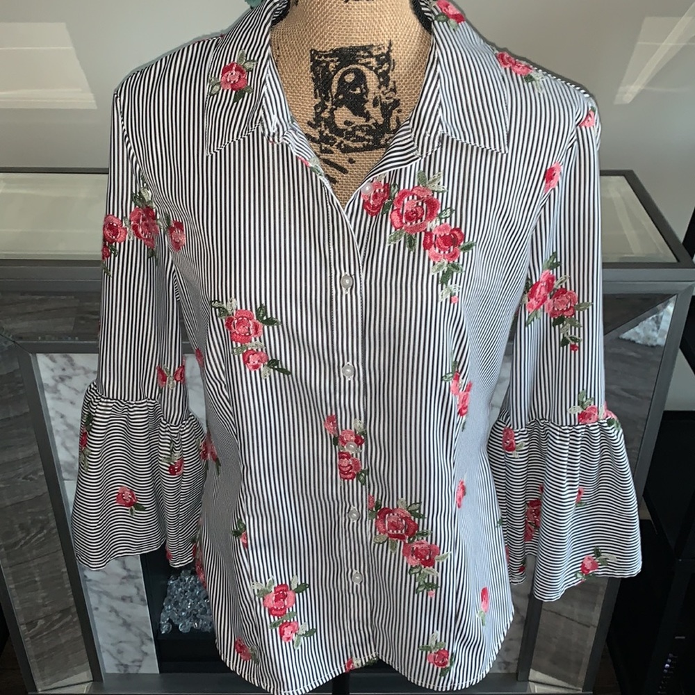 Calvin Klein black/white striped floral embroidered button down blouse.